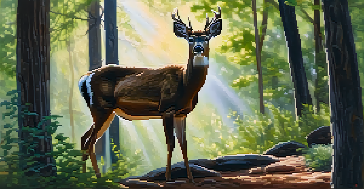 A close-up of a deer in a lush forest, sunlight filtering through the trees, highlighting the deer's features.