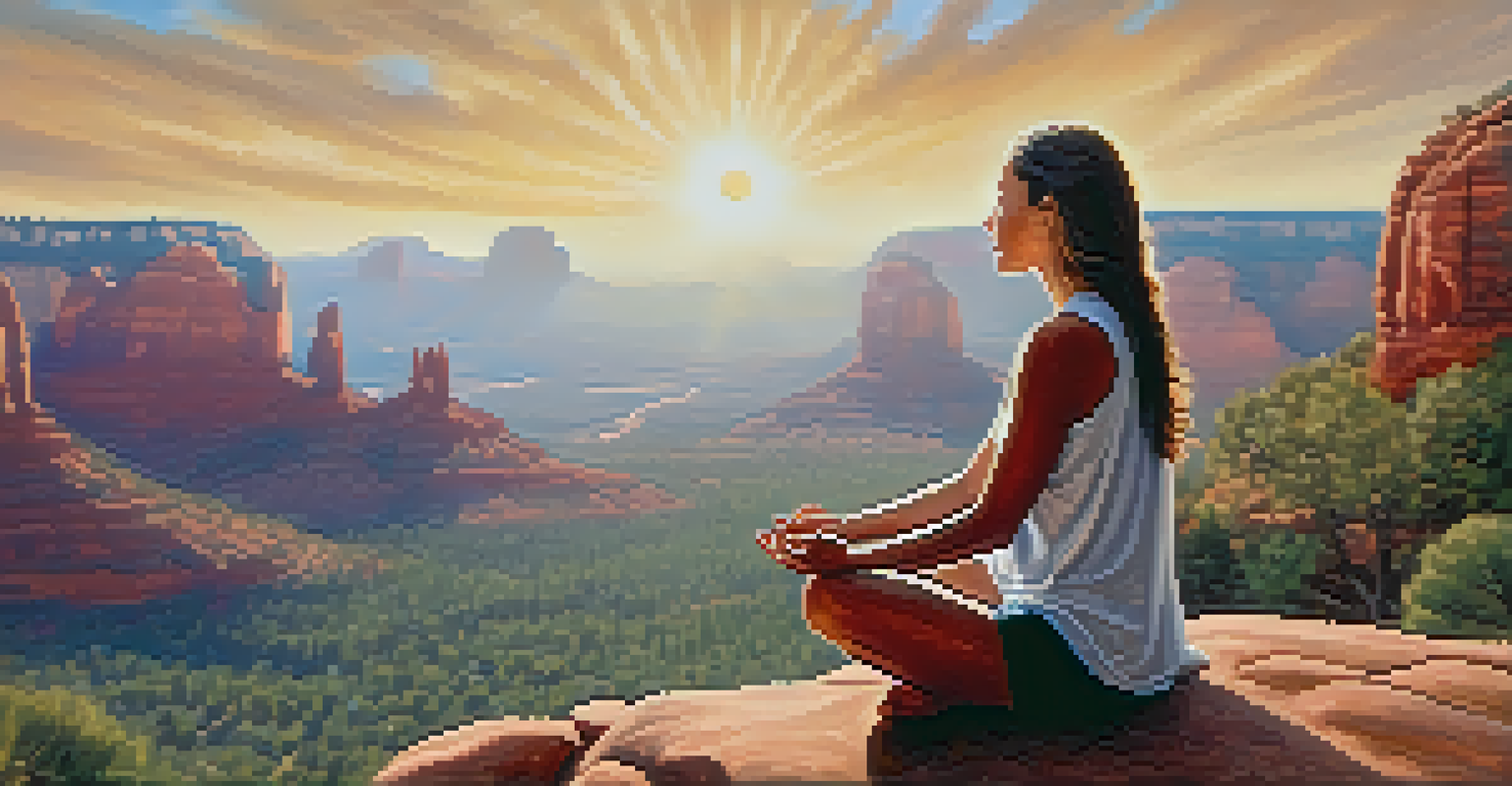 A person meditating on a rock in Sedona, with red rock formations and soft light in the background.