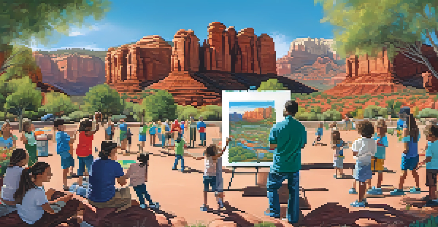 An artist and community members collaborating on a mural in a park, with red rocks in the background.