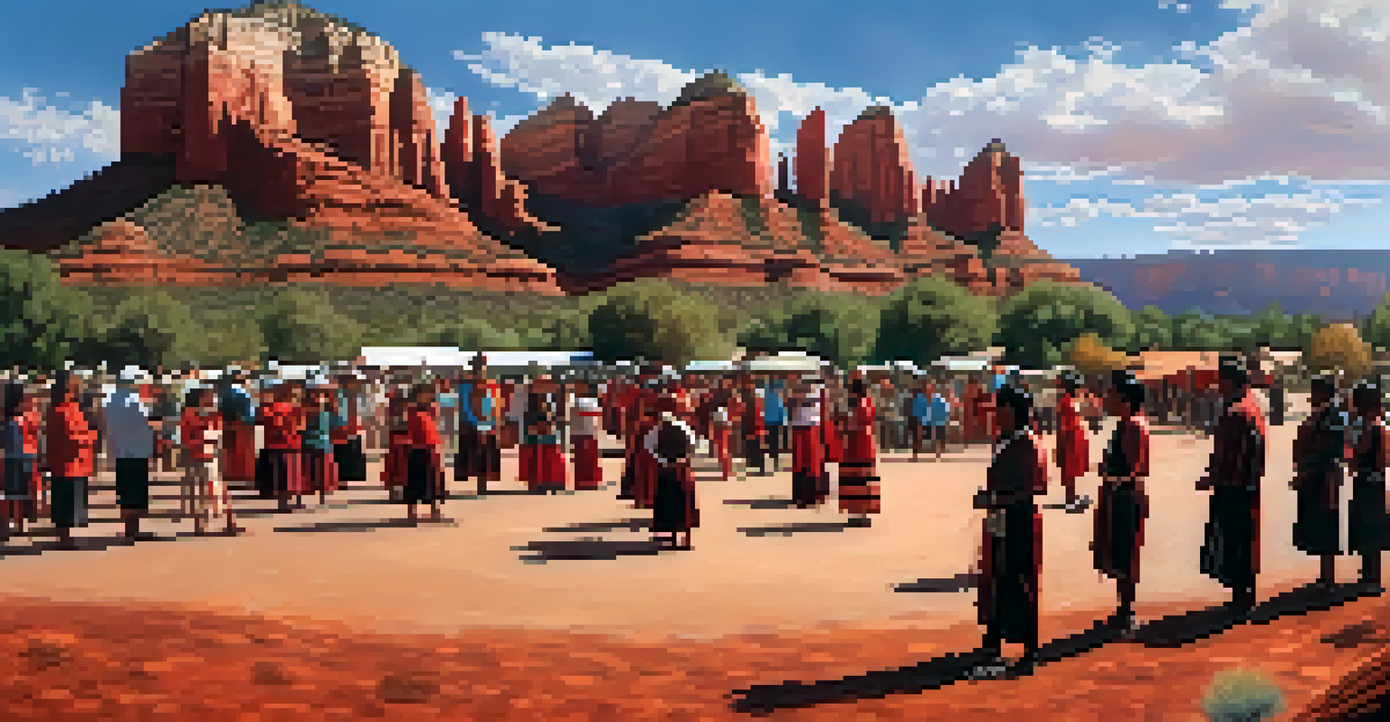 A vibrant gathering of Navajo families in traditional dress, with red rock formations in the background.