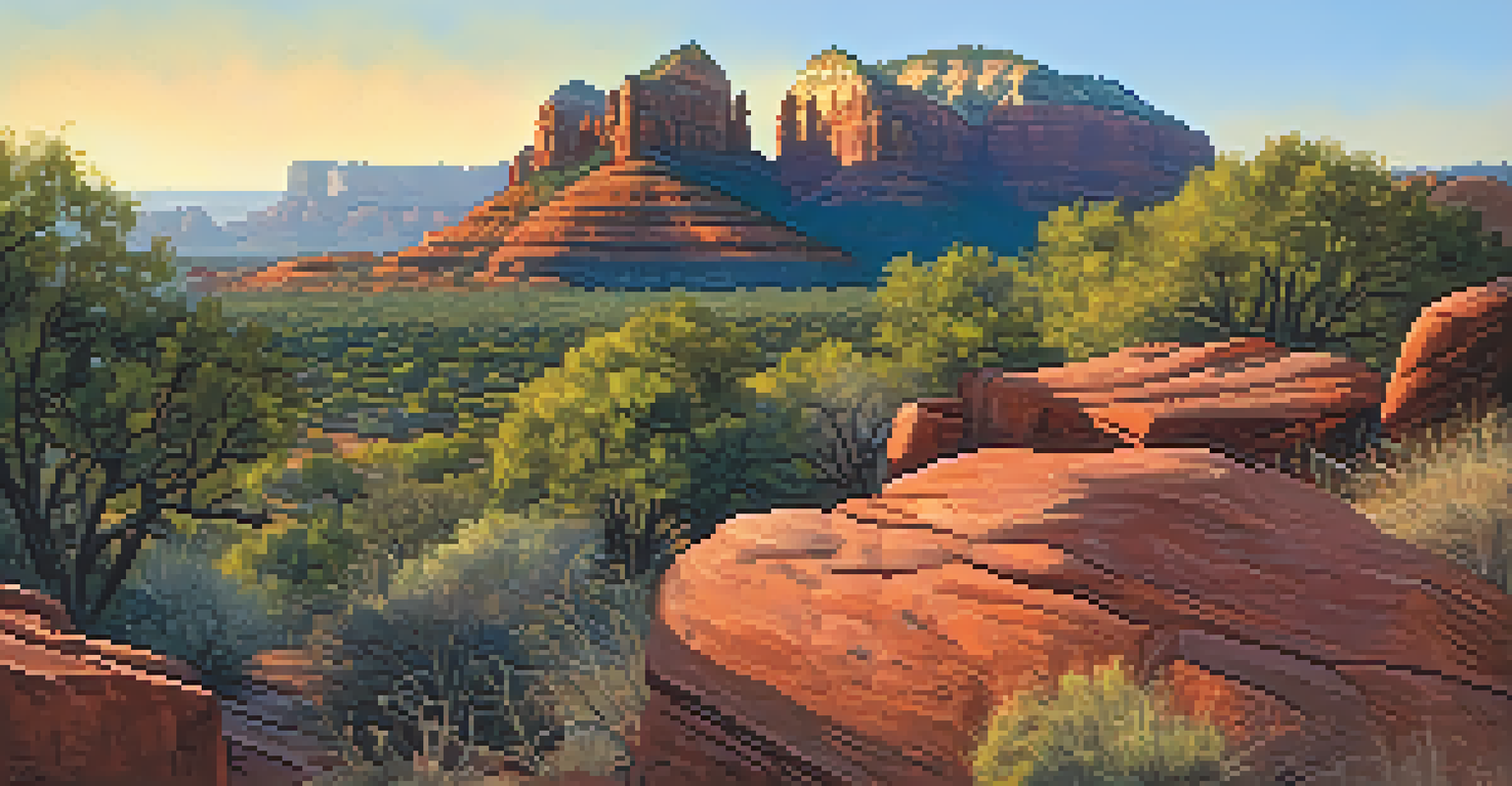Panoramic view of Sedona's landscape with a hiking trail and petroglyphs at sunset.