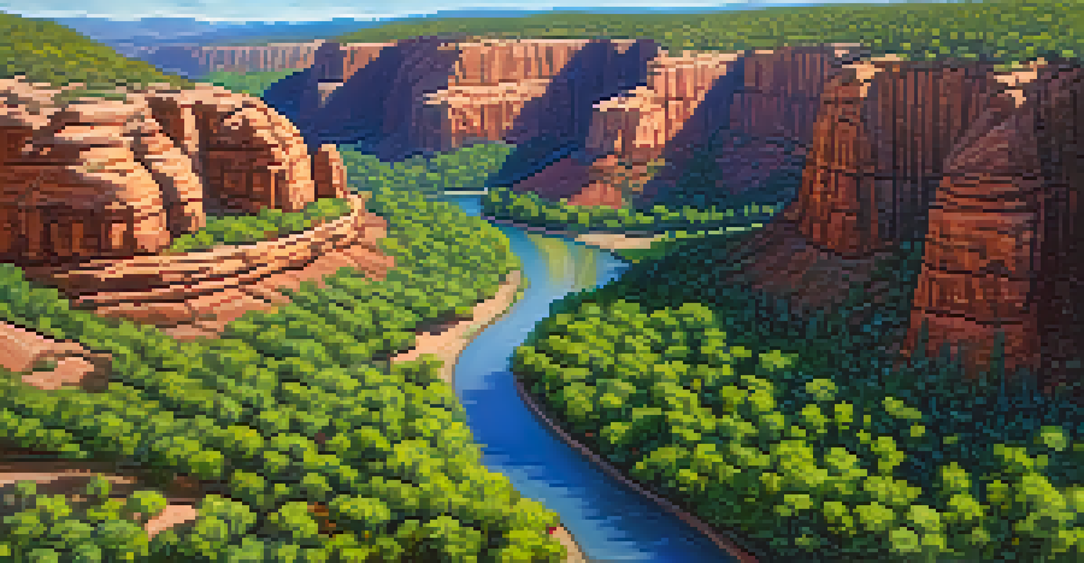 An aerial view of a scenic drive through a canyon, featuring green trees, red rock cliffs, and a sparkling creek.