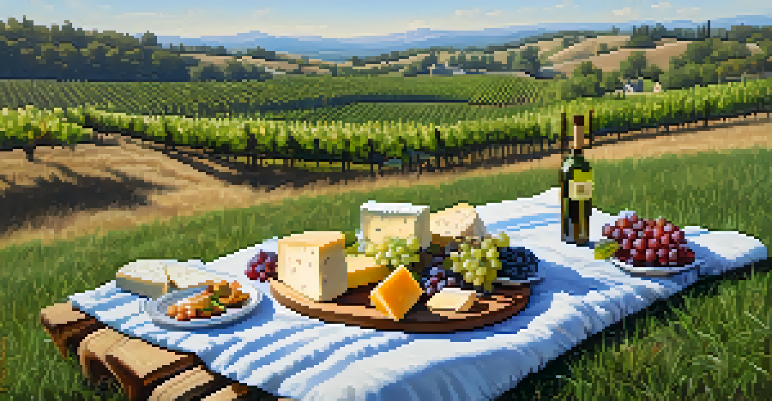 A picnic setup with cheese, fruits, and white wine at Oak Creek Vineyards surrounded by grapevines.