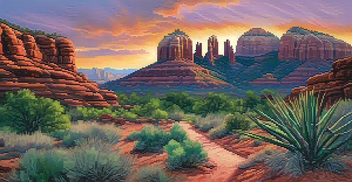 A sunset view of Sedona's red rock formations with volunteers planting trees in the foreground.