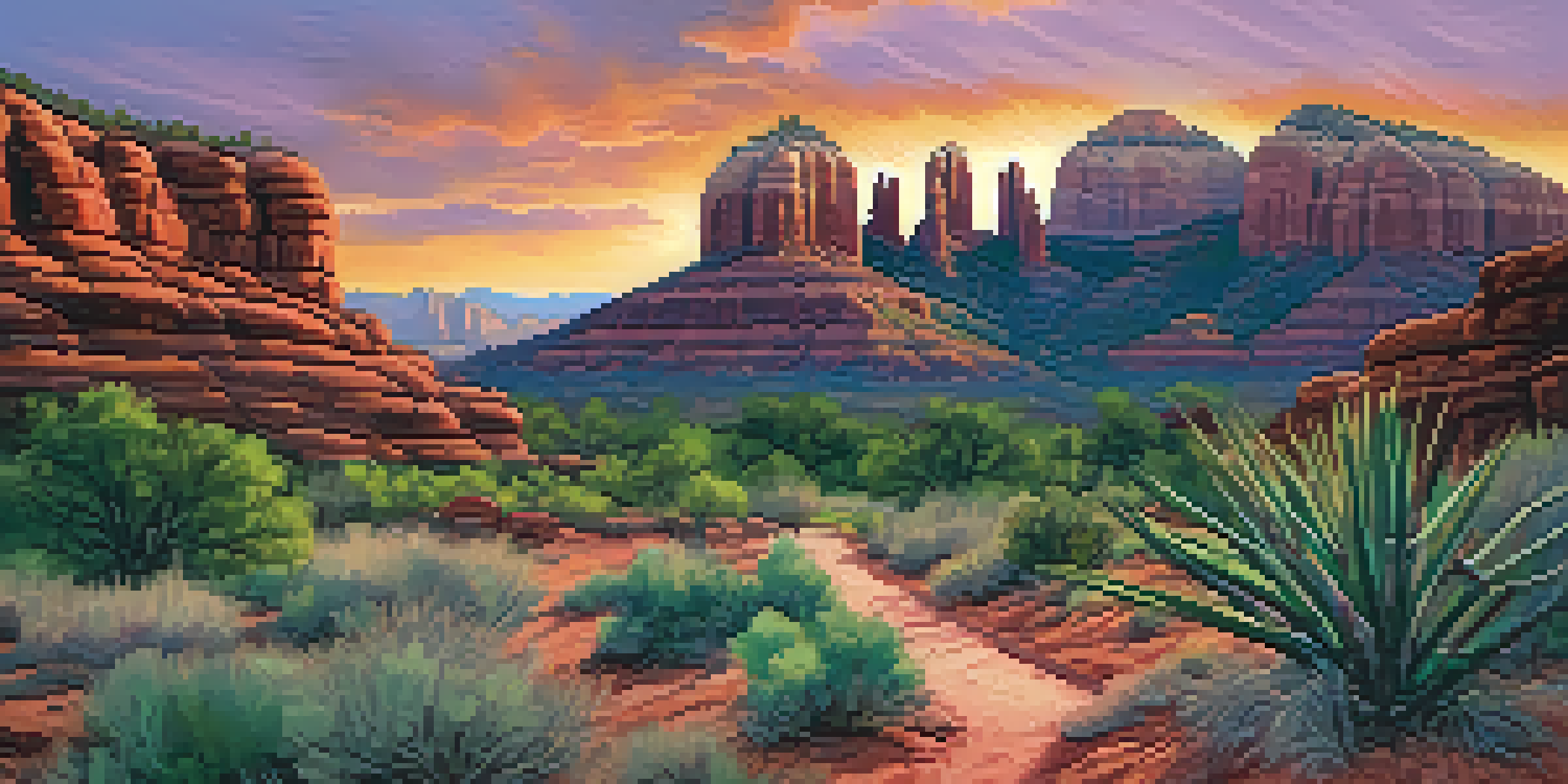 A sunset view of Sedona's red rock formations with volunteers planting trees in the foreground.