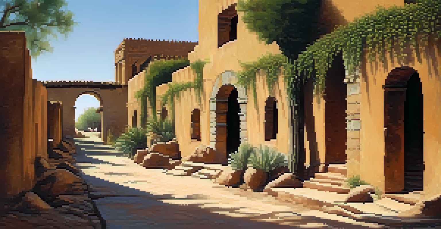 A pathway through the ruins of Tlaquepaque, surrounded by adobe buildings and desert plants under blue sky.