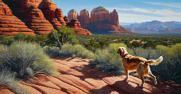 A golden retriever running on a hiking trail in front of red rock formations under a bright blue sky.