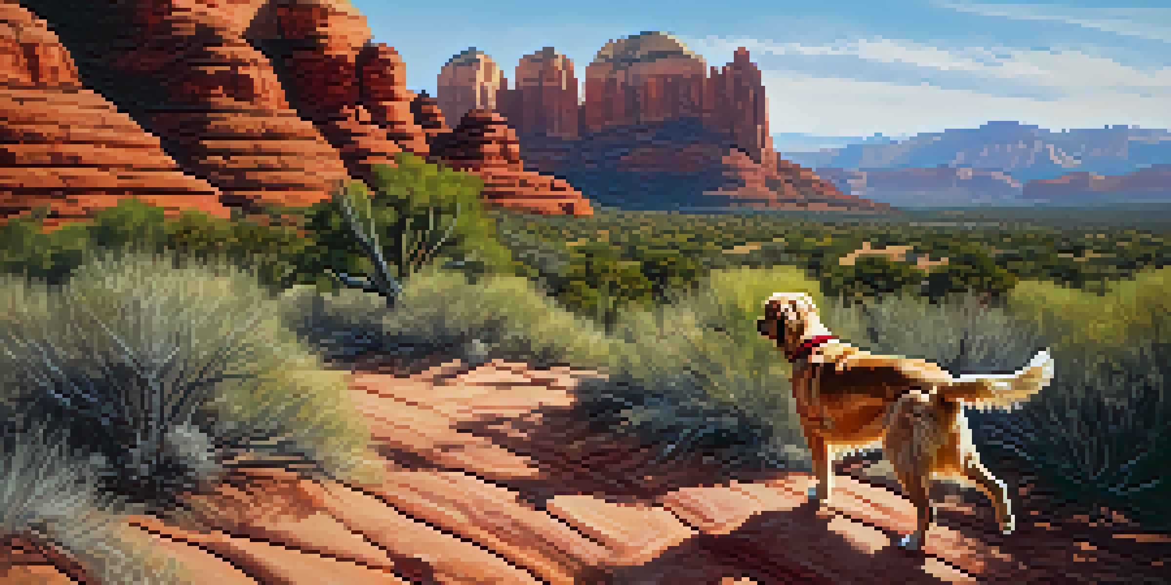 A golden retriever running on a hiking trail in front of red rock formations under a bright blue sky.