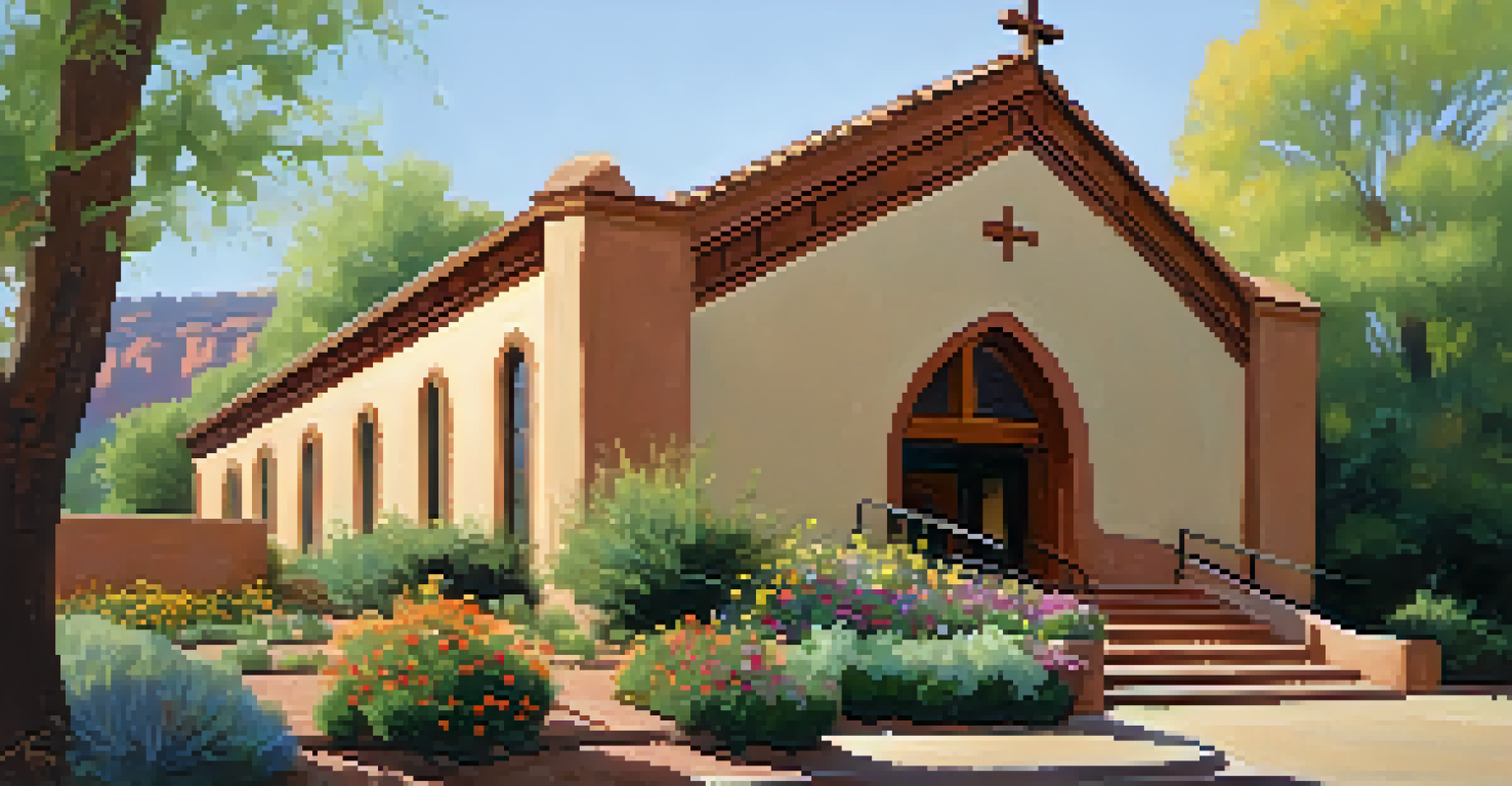 An inviting exterior of Trinity Presbyterian Church with people gathered outside and blooming flowers, illuminated by golden light.