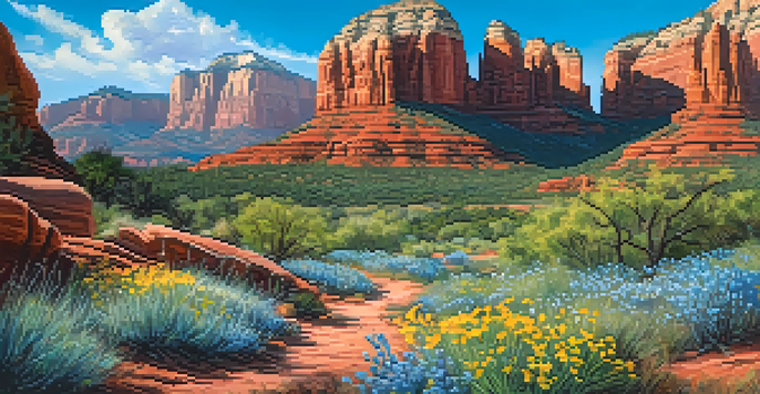 A vivid spring landscape in Sedona with blooming wildflowers and red rock formations under a clear blue sky.