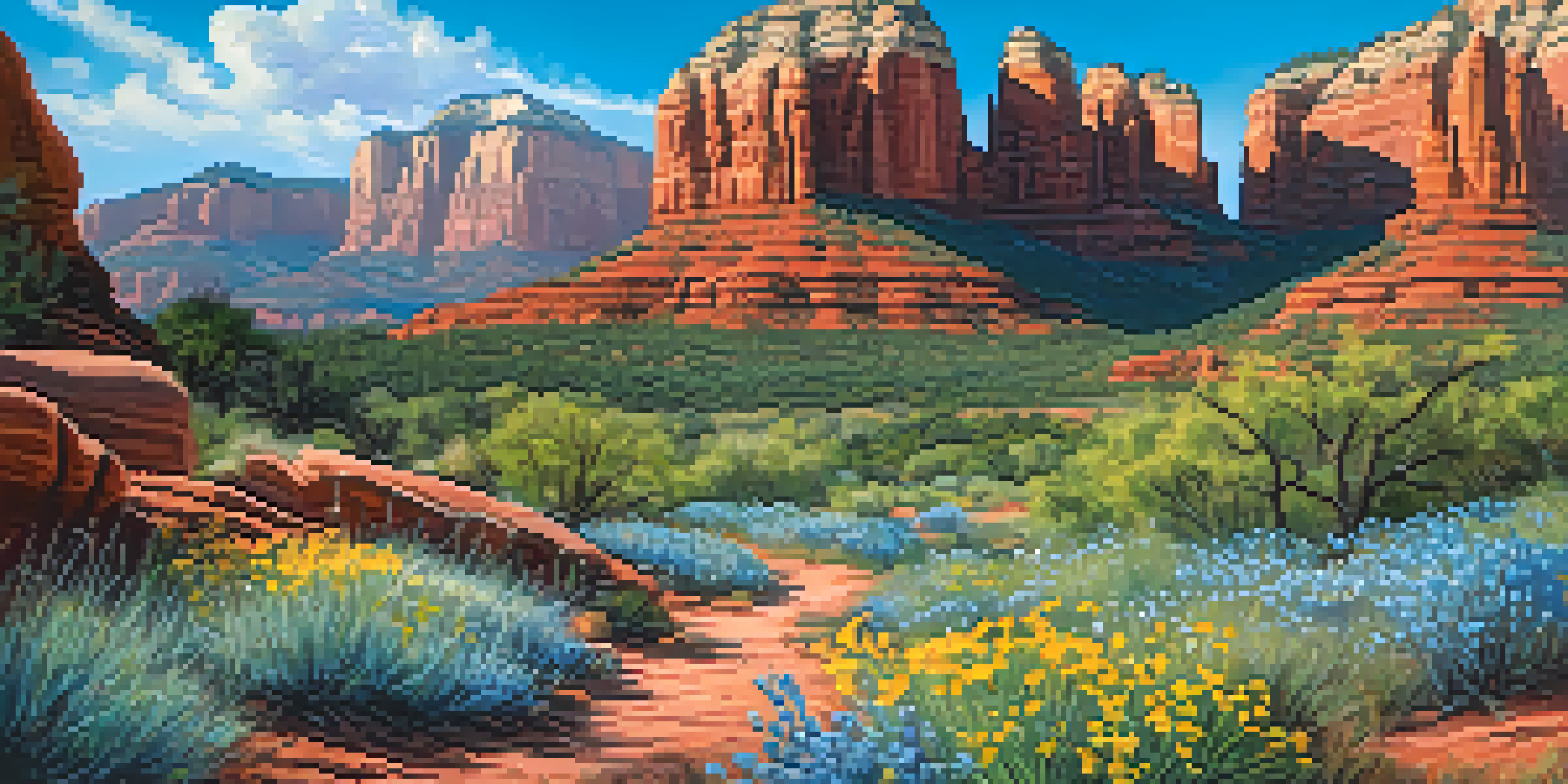 A vivid spring landscape in Sedona with blooming wildflowers and red rock formations under a clear blue sky.