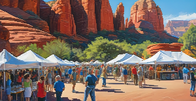 A lively art festival in Sedona with people interacting around colorful art displays and red rock formations in the background.