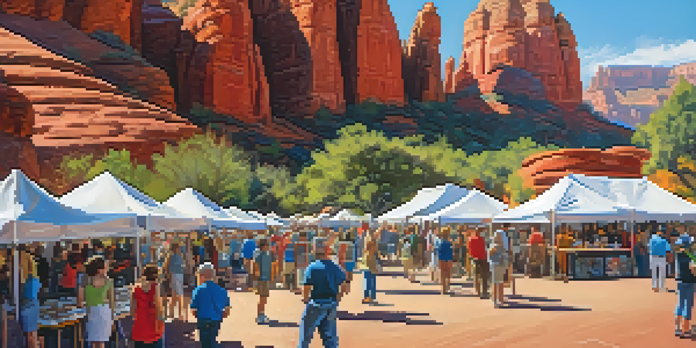 A lively art festival in Sedona with people interacting around colorful art displays and red rock formations in the background.