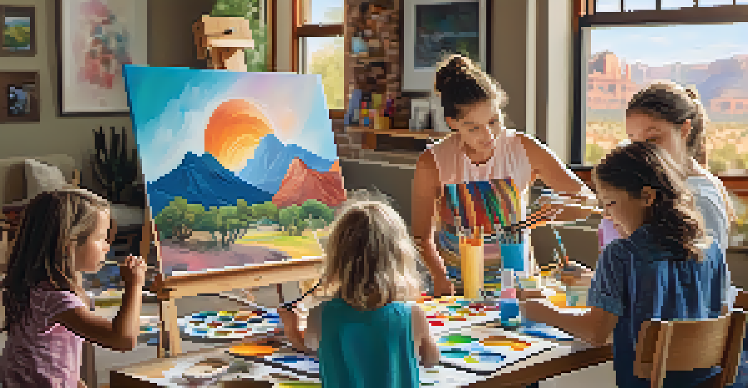 A family engaged in a painting workshop, with children creating art and parents assisting, in a bright studio.