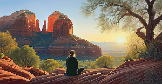 A person meditating outdoors at Cathedral Rock, surrounded by stunning red rock formations and soft morning light.