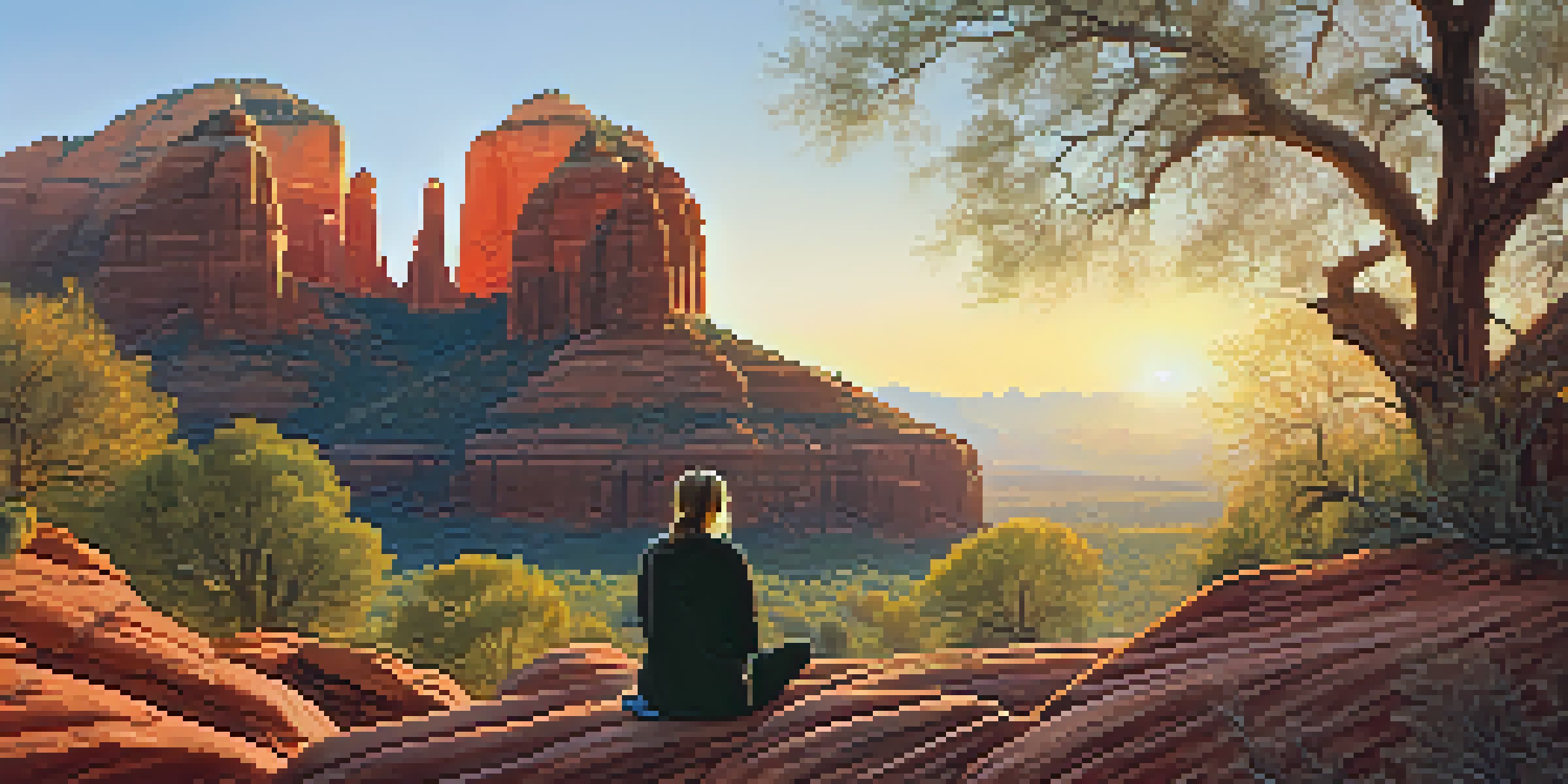 A person meditating outdoors at Cathedral Rock, surrounded by stunning red rock formations and soft morning light.