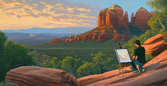An artist painting during sunset in Sedona, surrounded by red rocks and wildflowers.