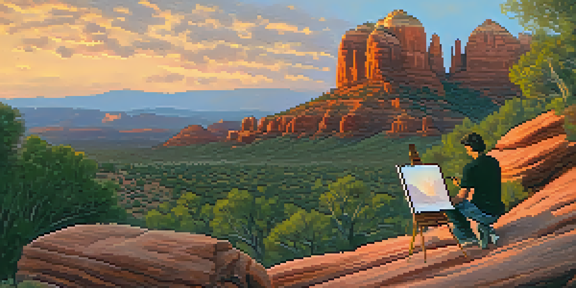 An artist painting during sunset in Sedona, surrounded by red rocks and wildflowers.