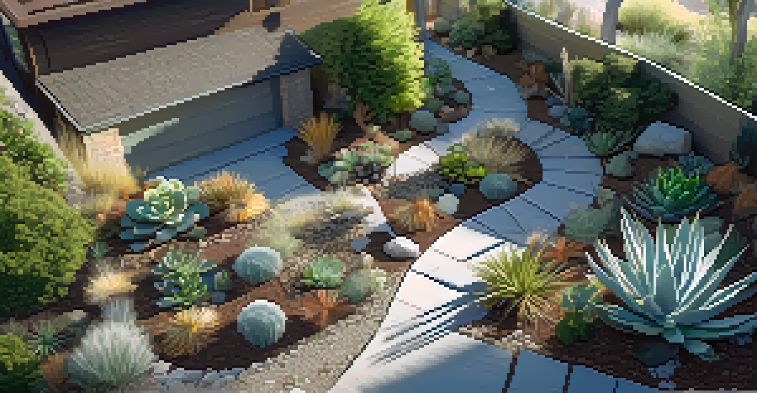 An aerial view of a well-planned xeriscape garden with grouped plants and decorative elements, showcasing efficient water use.