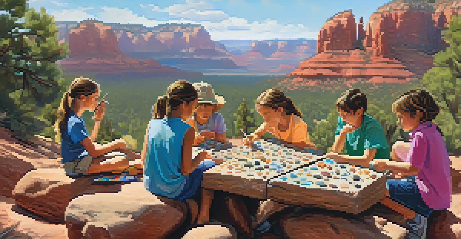 Children working together on a science project, examining rocks and discussing in a natural setting.