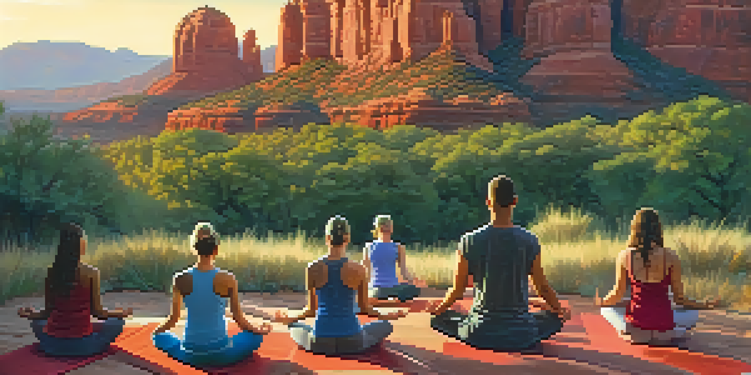 A diverse group of yogis practicing yoga at sunrise in Sedona, Arizona, surrounded by red rock formations and lush greenery.
