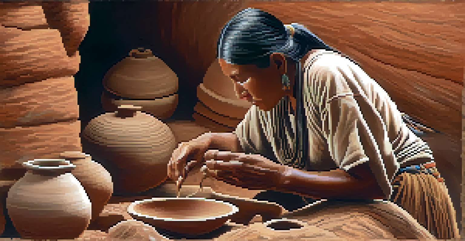 An Apache woman shaping pottery with her hands, with ancient rock dwellings softly blurred in the background.