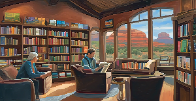 A warm and inviting bookstore interior with shelves of colorful books, a friendly staff member helping a customer, and a cozy reading nook.