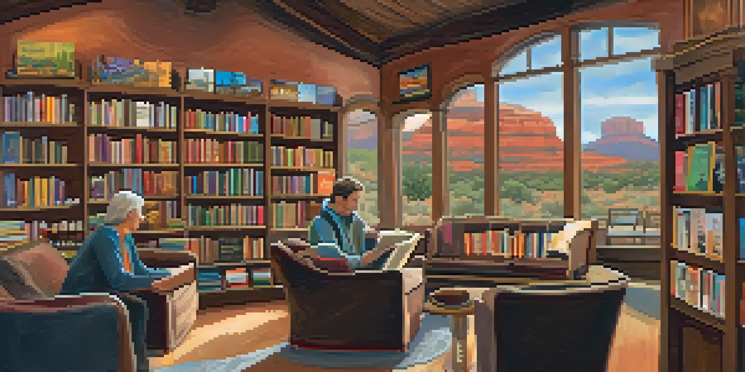 A warm and inviting bookstore interior with shelves of colorful books, a friendly staff member helping a customer, and a cozy reading nook.