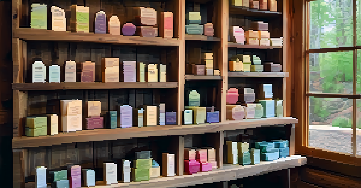A display of colorful handcrafted soaps shaped like natural elements, arranged on rustic shelves with greenery and natural light.
