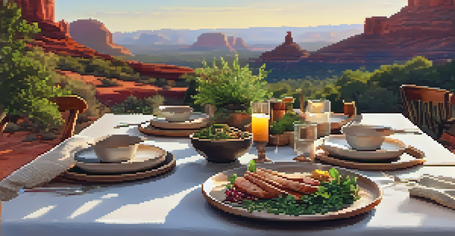 An outdoor dining setup with nourishing meals, surrounded by greenery and red rock formations at sunset.