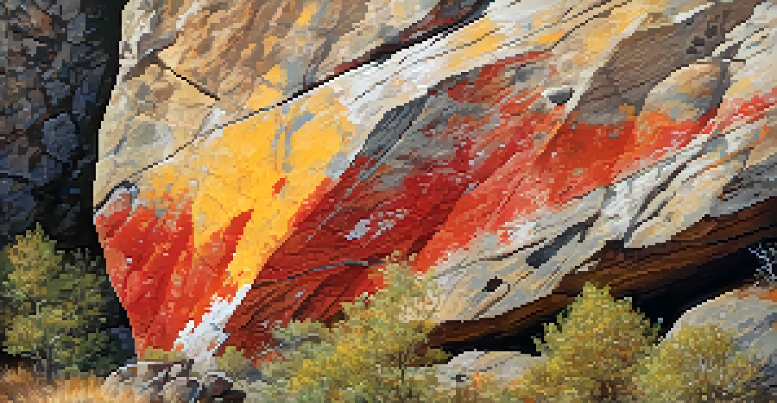 A close-up of ancient pictographs on a rock face, showcasing vibrant colors and intricate designs.