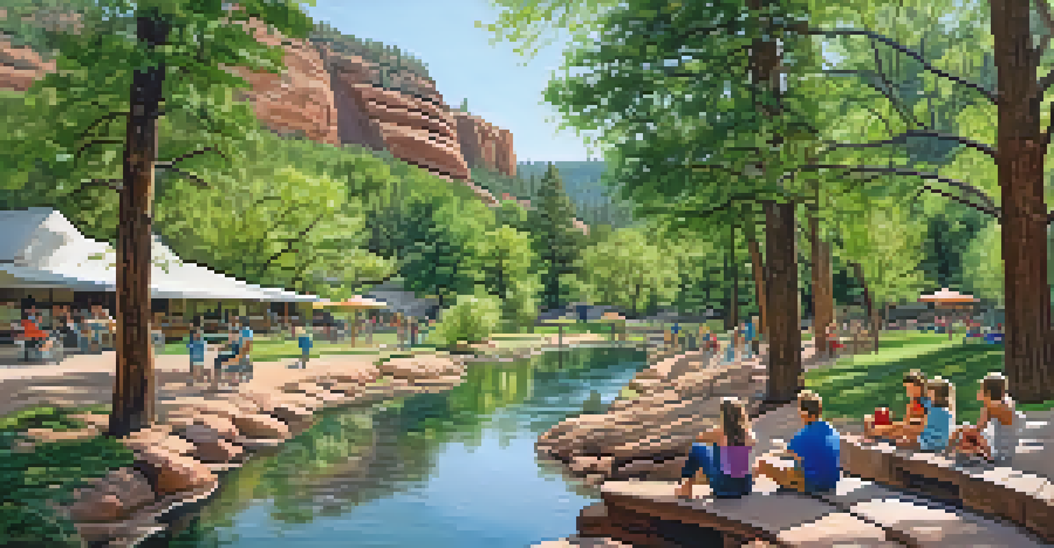 A vibrant scene at Slide Rock State Park with families enjoying a picnic near accessible paths and natural water slides. The area is surrounded by lush greenery.