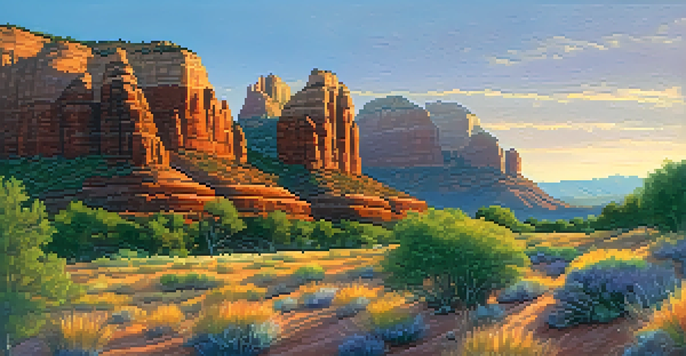 A stunning sunset view of Sedona's red rocks, with vibrant wildflowers in the foreground and a colorful sky.