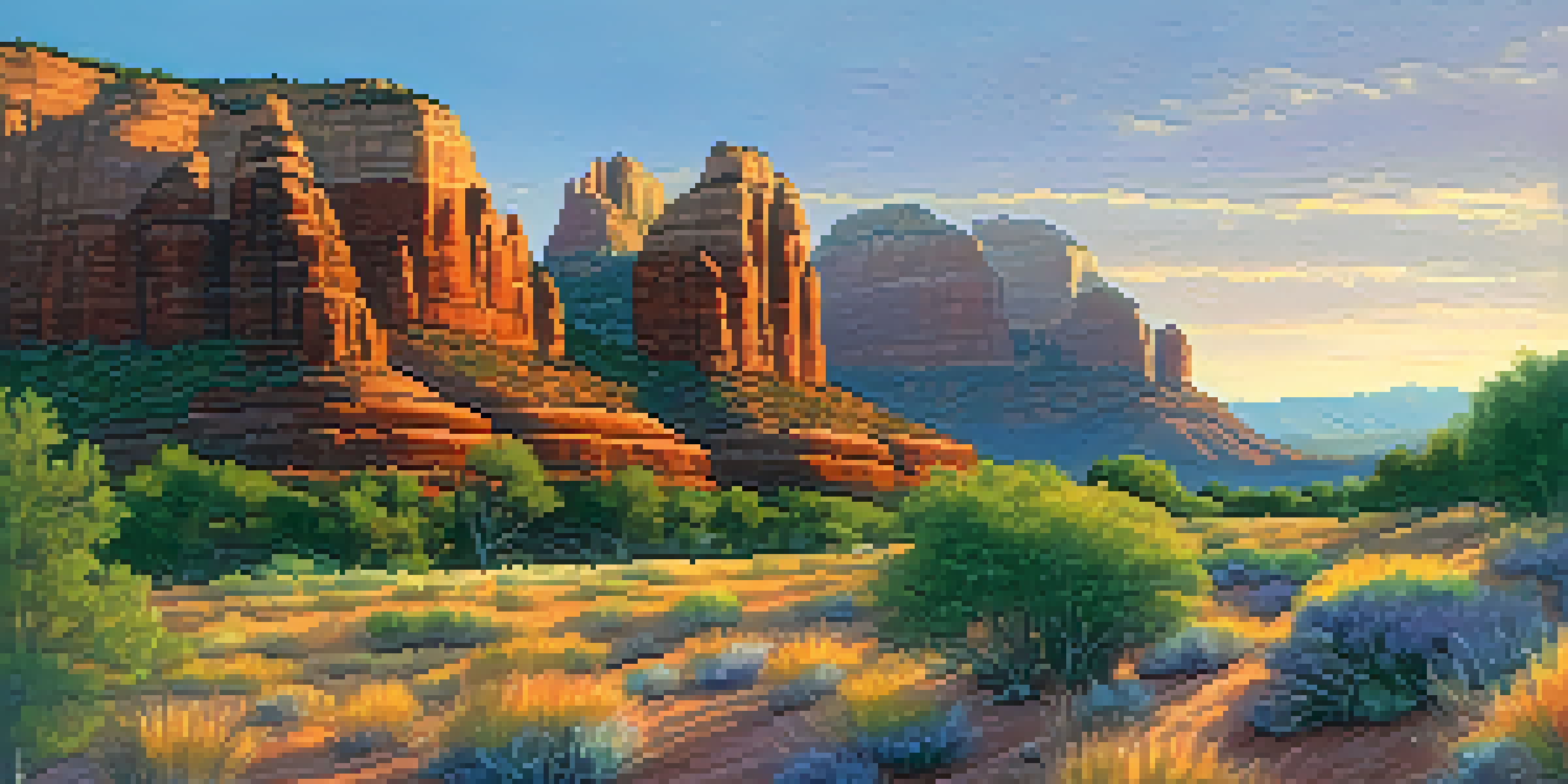 A stunning sunset view of Sedona's red rocks, with vibrant wildflowers in the foreground and a colorful sky.