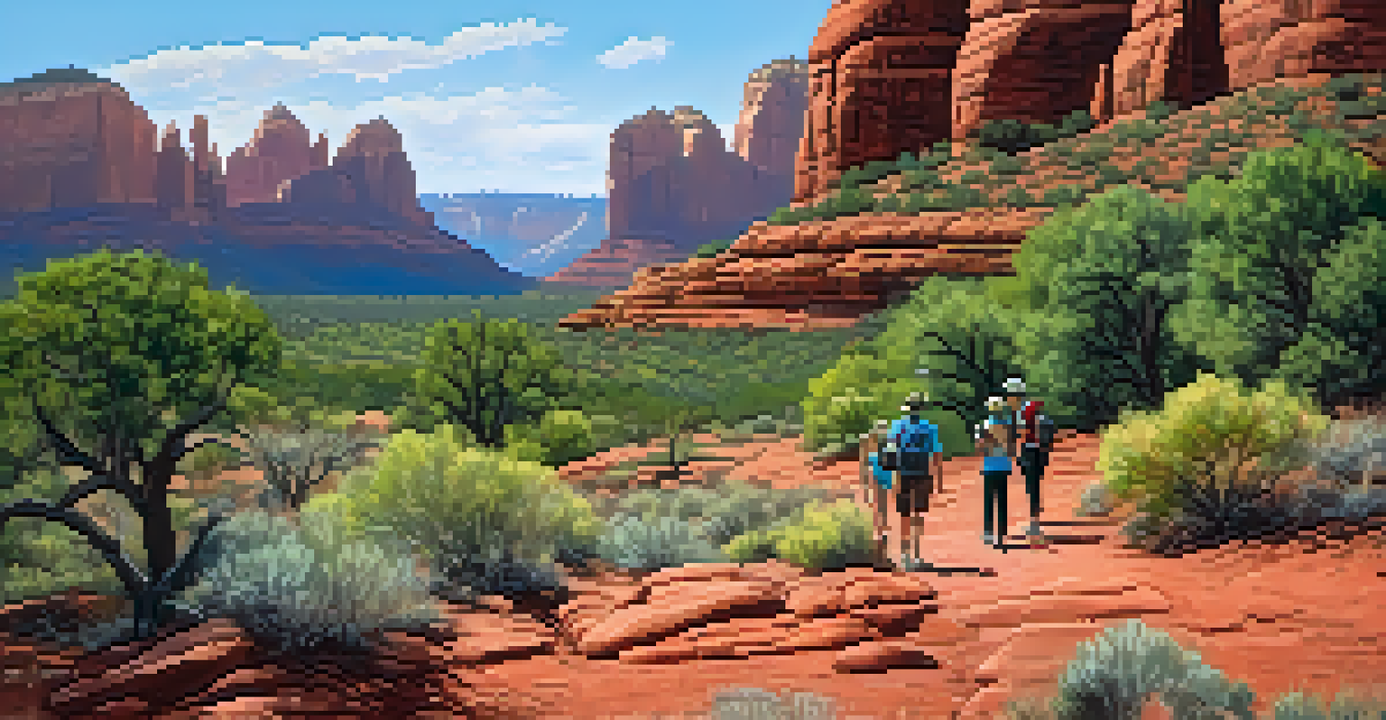 Hikers on a designated trail in Sedona, learning about environmental conservation from an advocate.