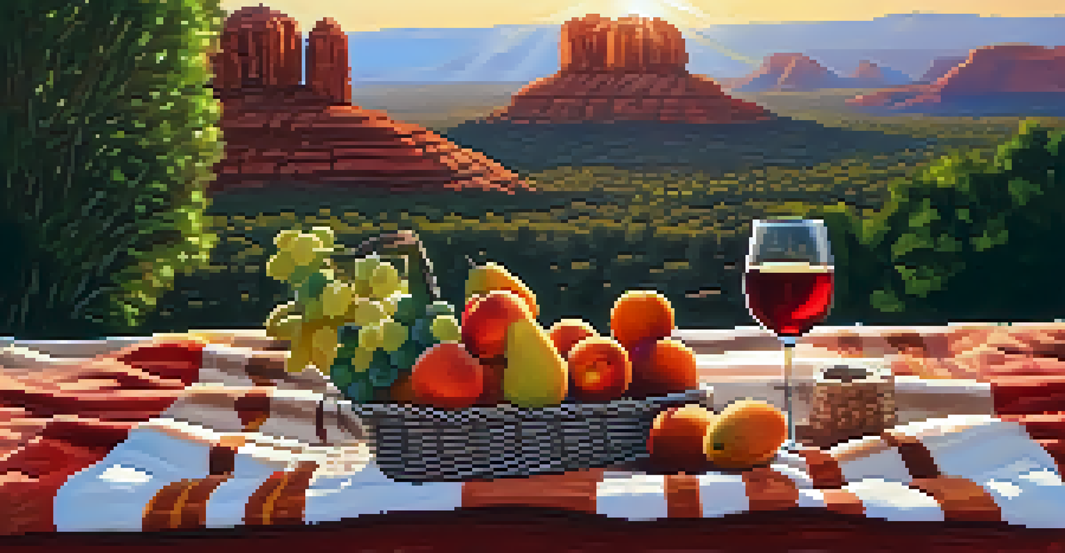 A romantic picnic setup on a scenic overlook in Sedona with a blanket, fruits, and wine glasses against a sunset backdrop.