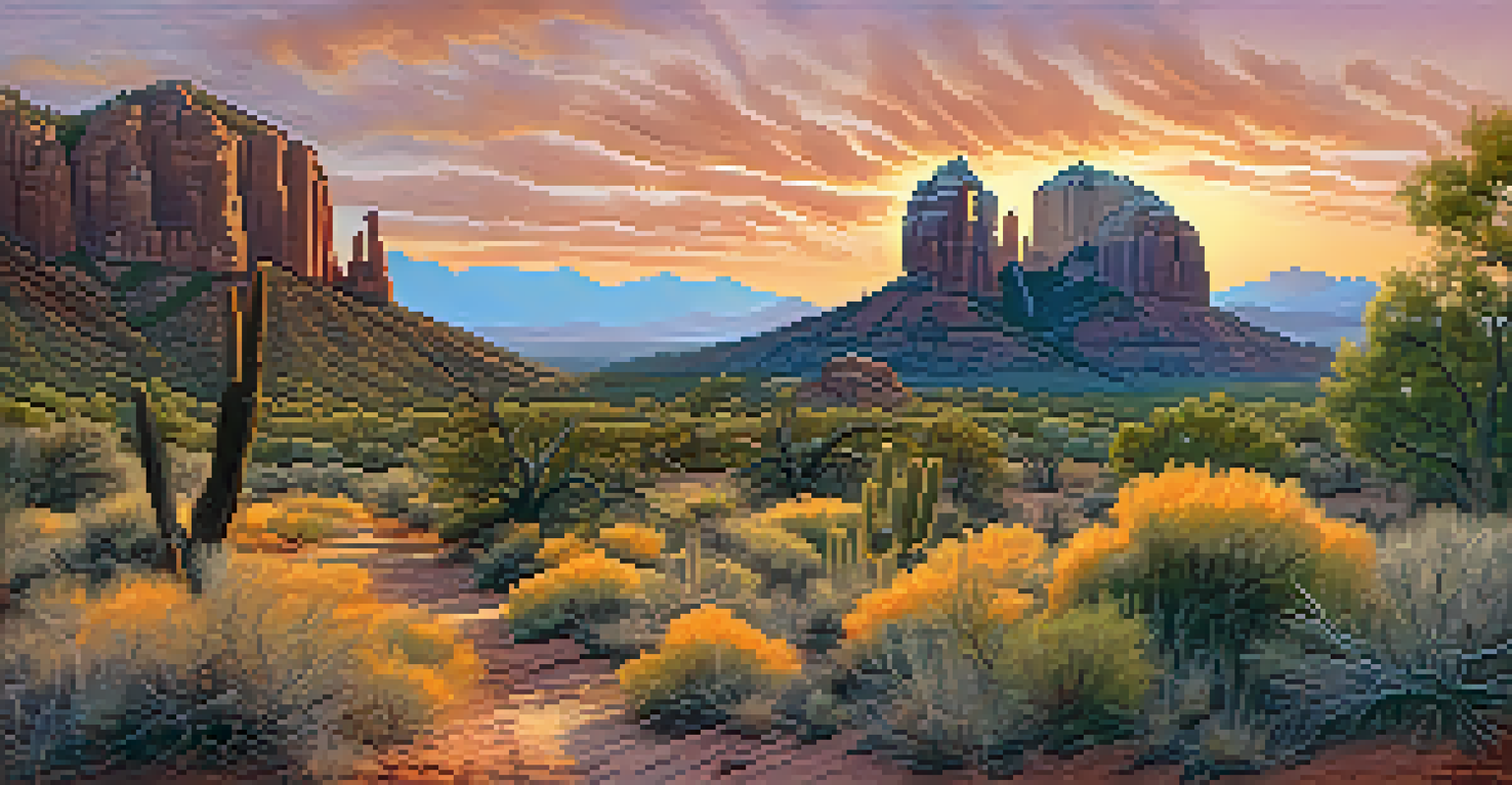 A scenic view of Marg's Draw trail with families hiking, diverse plants, and Cathedral Rock at sunset. The sky is filled with warm colors.