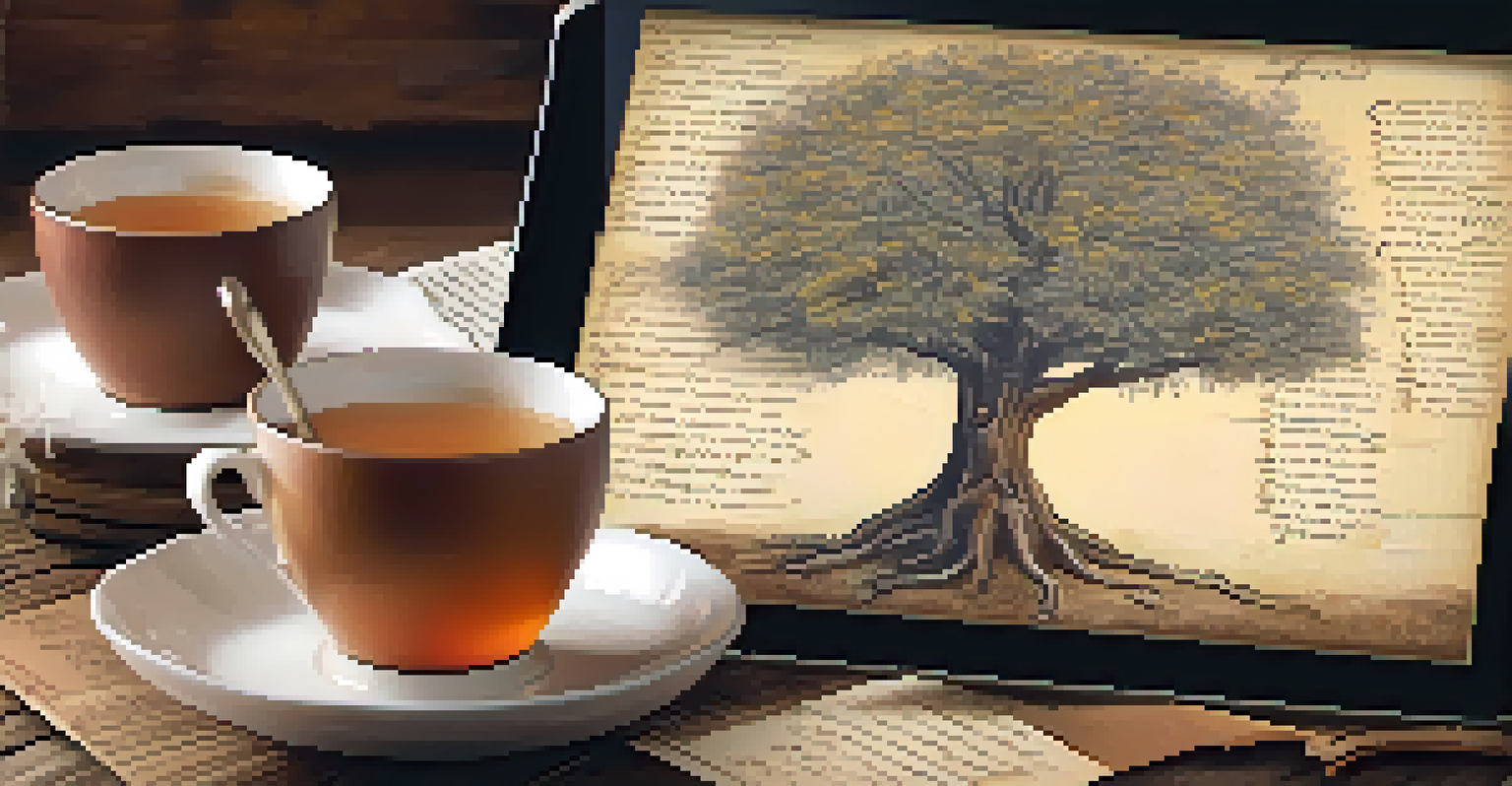 A digital family tree on a tablet, surrounded by notes and photographs on a rustic wooden table.