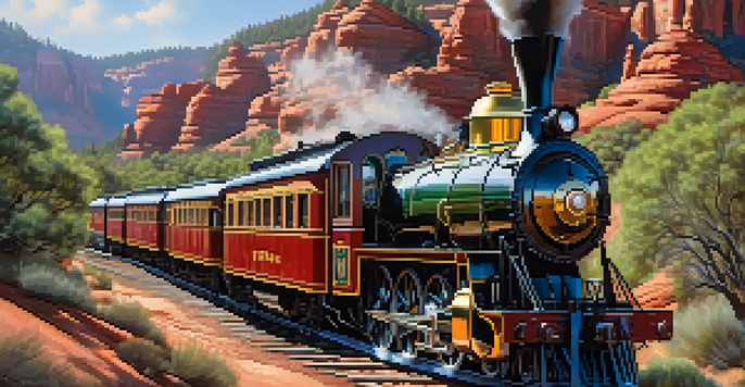 A vintage steam train traveling through Sedona's beautiful landscape with red rocks and pine trees, capturing the essence of a nostalgic journey.