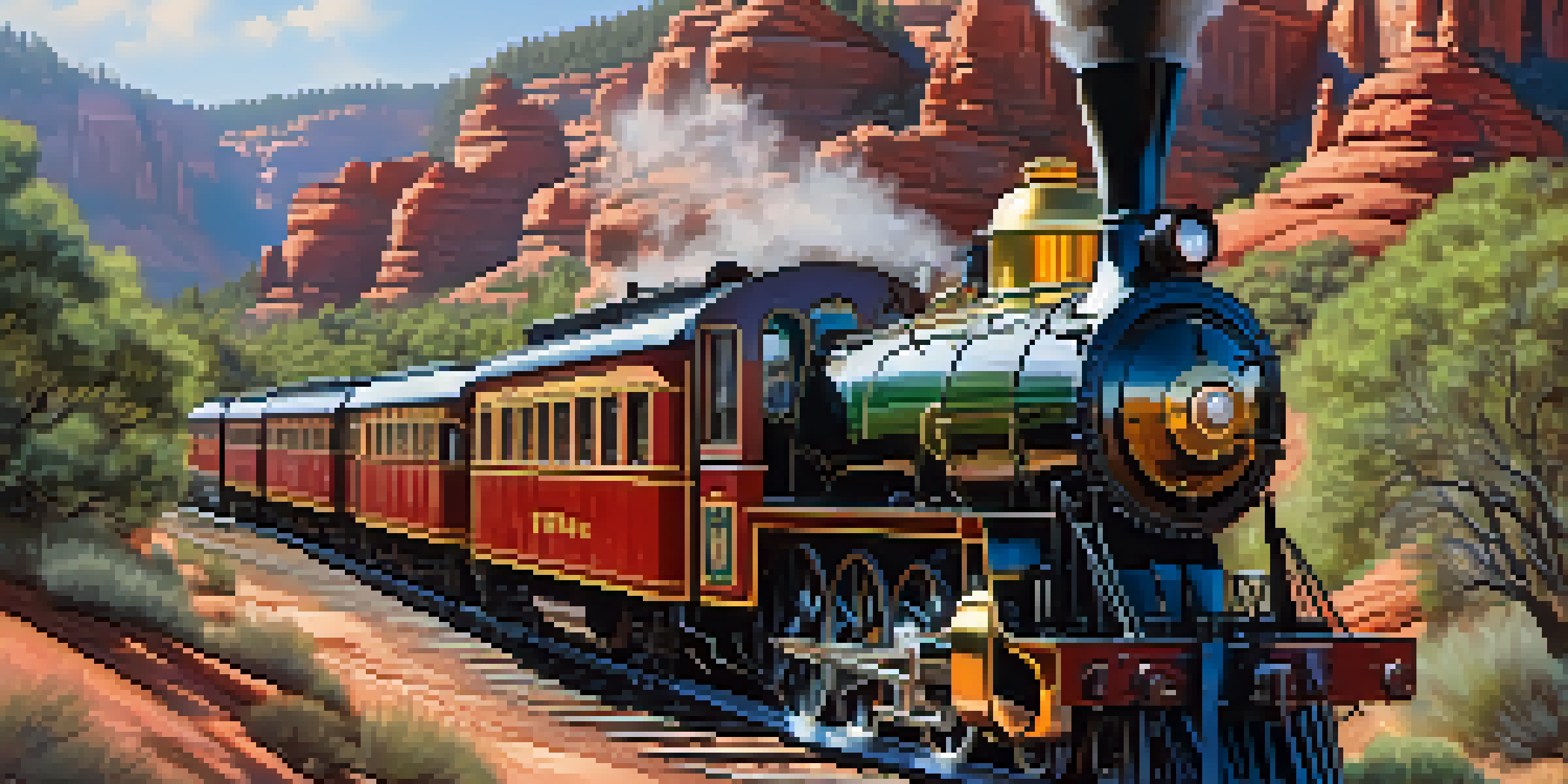 A vintage steam train traveling through Sedona's beautiful landscape with red rocks and pine trees, capturing the essence of a nostalgic journey.