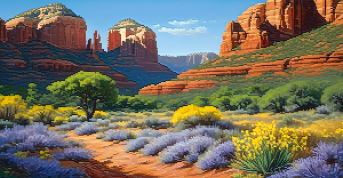 A colorful spring scene in Sedona with blooming wildflowers and red rock formations under a clear blue sky.