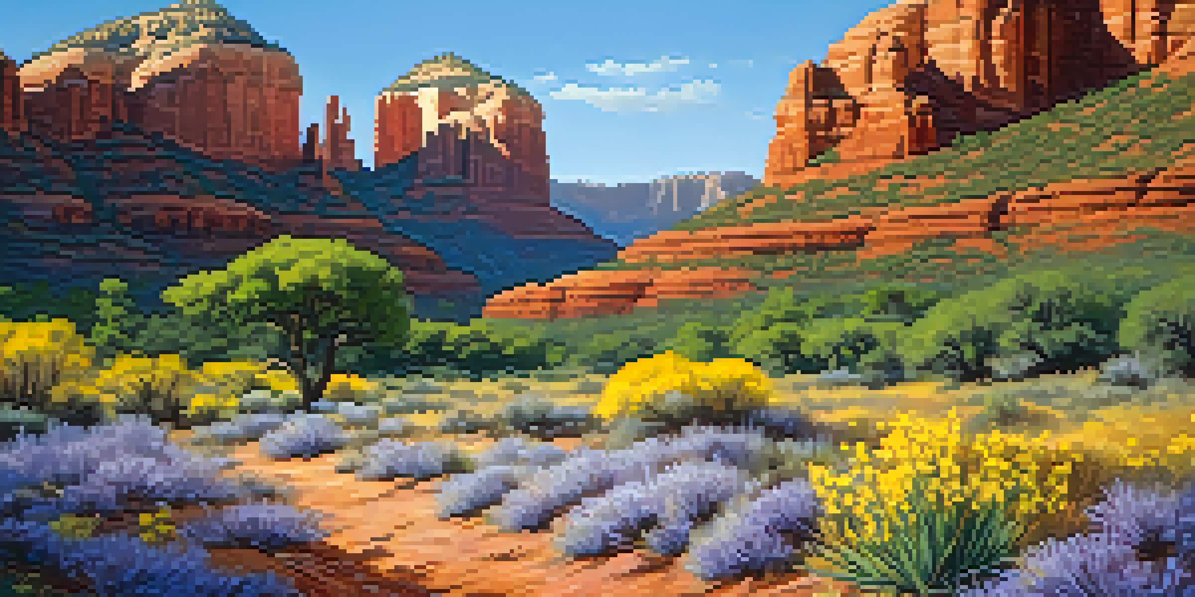 A colorful spring scene in Sedona with blooming wildflowers and red rock formations under a clear blue sky.