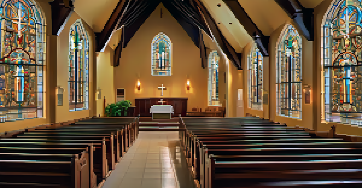 The interior of St. John Vianney Catholic Church with stained glass windows illuminating wooden pews, creating a serene and inviting atmosphere.