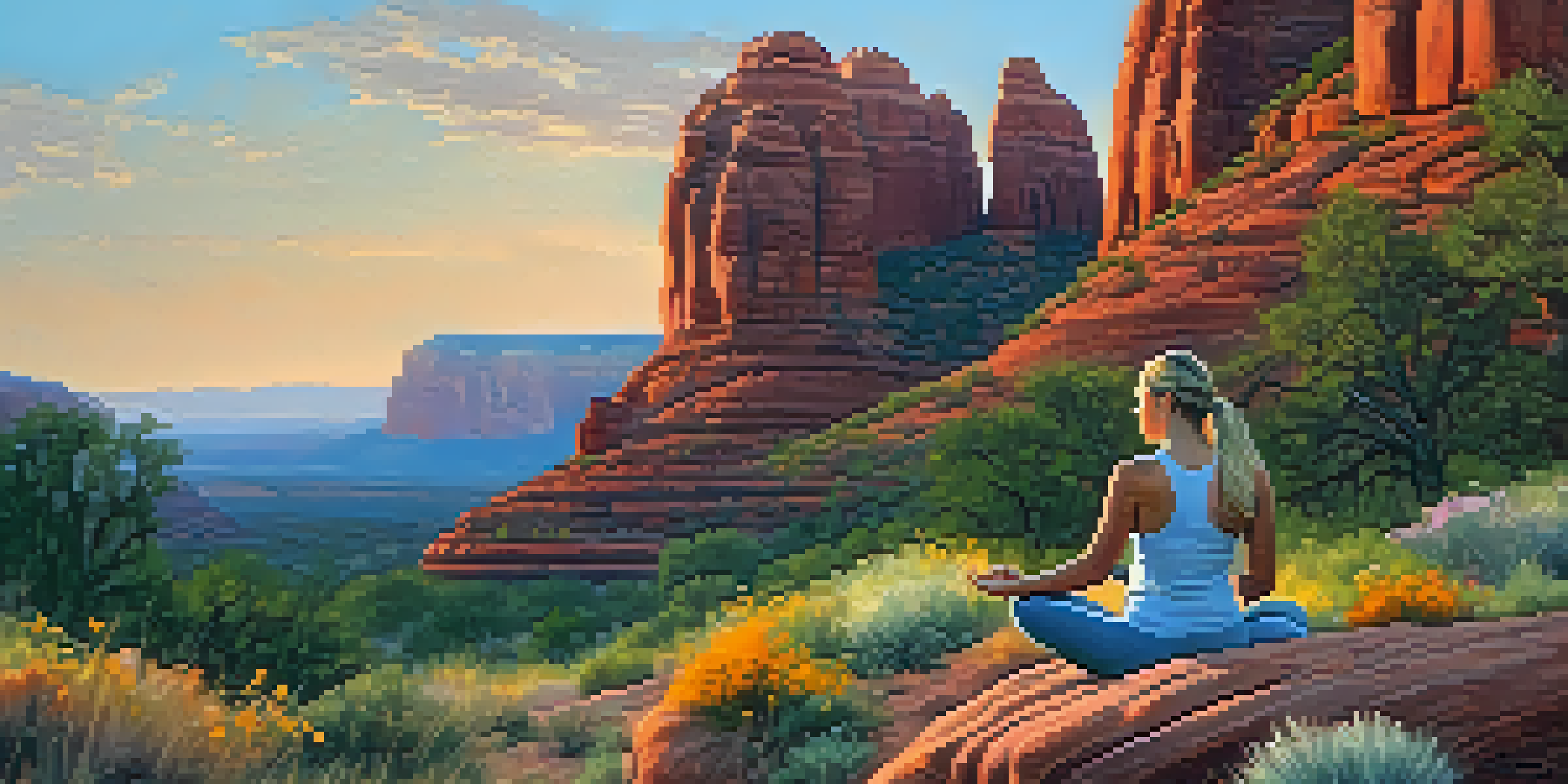 A peaceful yoga practitioner meditating on a rock in the foreground of Sedona's red rock formations during a vibrant sunset.