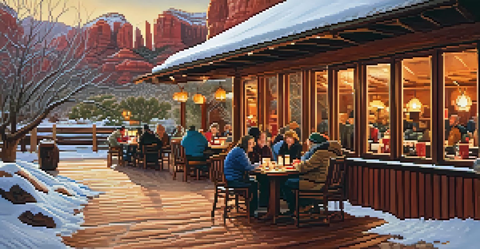 An outdoor dining area in Sedona during winter, featuring tables with patrons enjoying hot food and drinks, surrounded by snow-covered rocks.