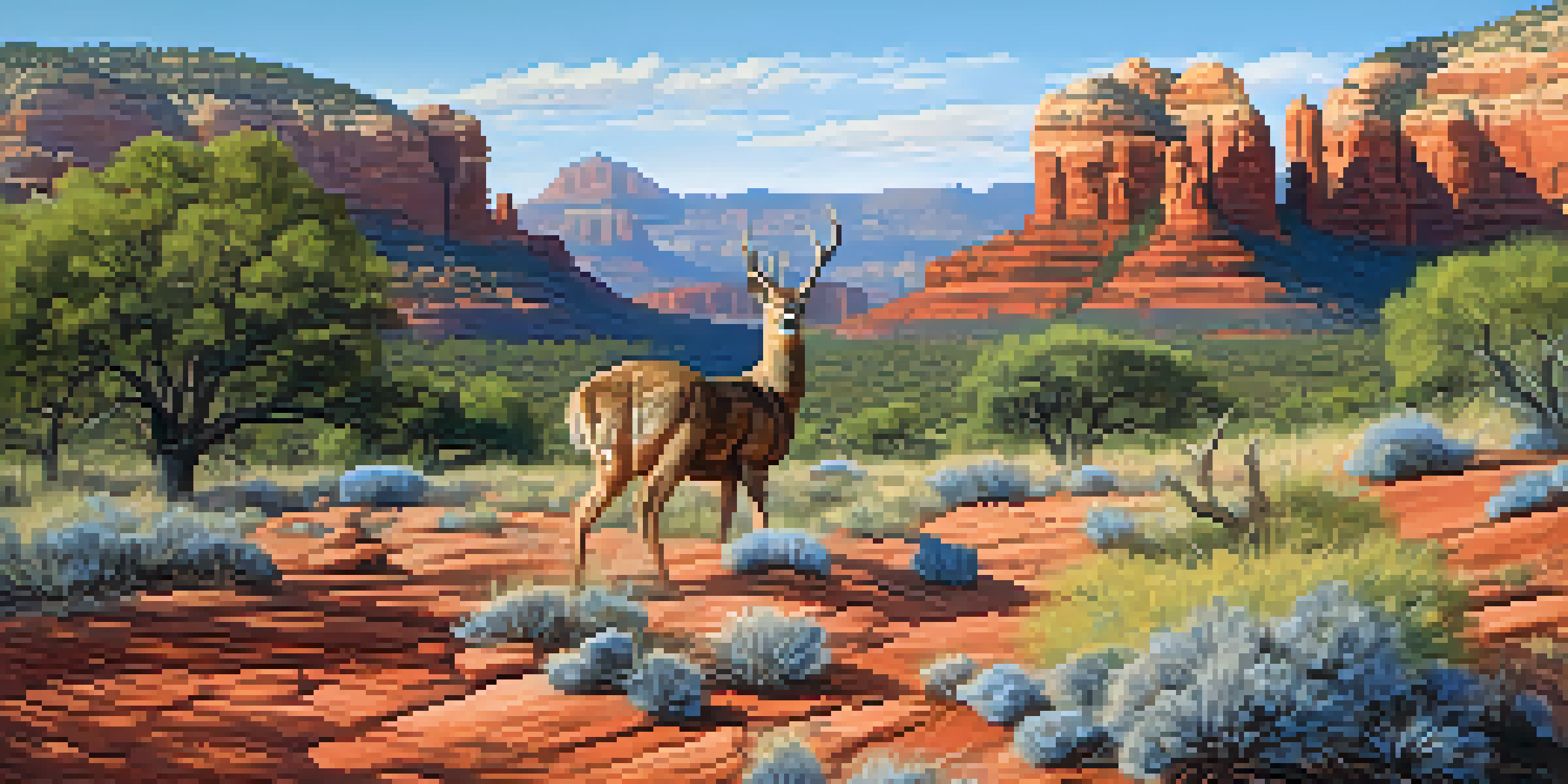 A beautiful landscape of Sedona with red rock formations, a deer, a hawk, and wildflowers under a clear blue sky.