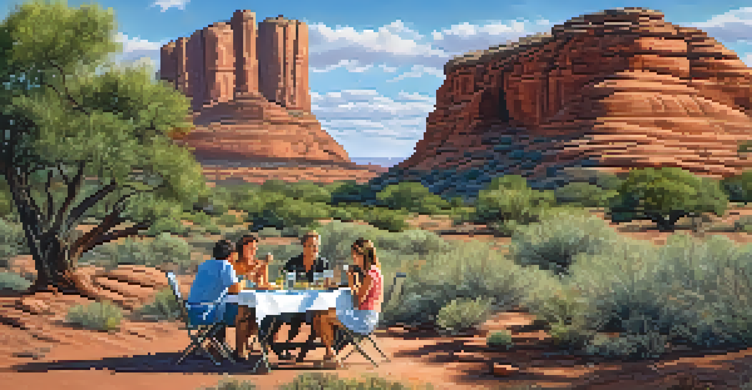 A family having a picnic on a trail with Bell Rock in the background under a clear blue sky.