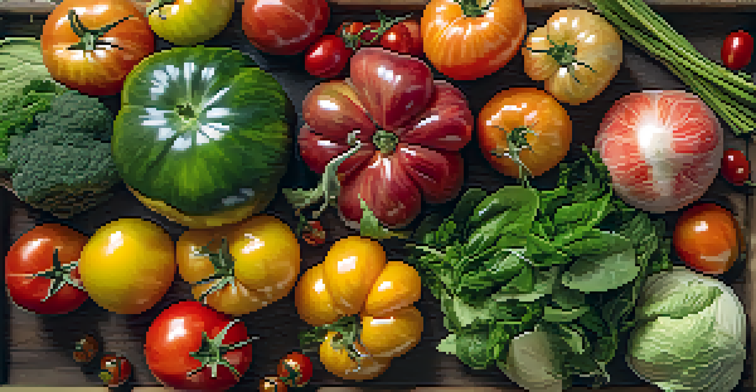An assortment of fresh organic produce on a wooden table at a farmers' market, including tomatoes, greens, and flowers.