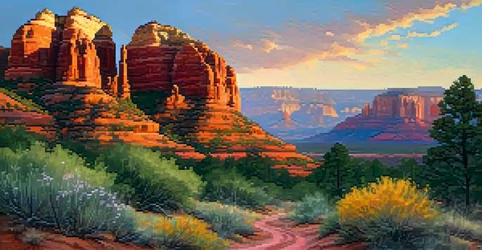A breathtaking sunset over Sedona's red rock formations, showcasing a winding trail surrounded by greenery and wildflowers.