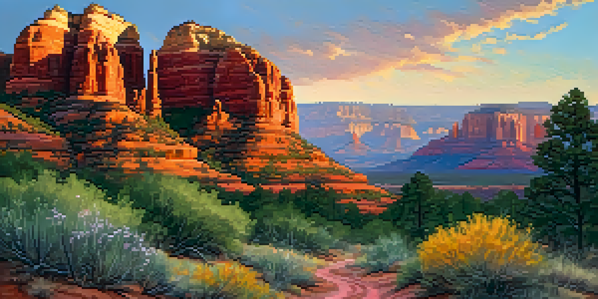 A breathtaking sunset over Sedona's red rock formations, showcasing a winding trail surrounded by greenery and wildflowers.